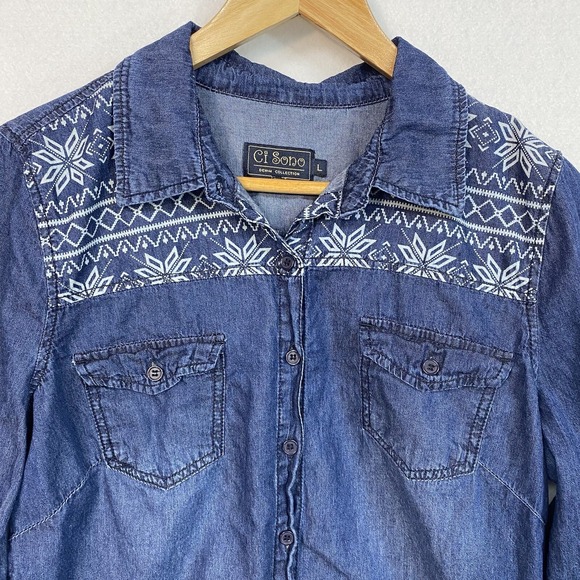 Ci Sono Tops - Ci Sono Women L Button Up Shirt Blue Snowflake Print Denim Western Long Sleeve
